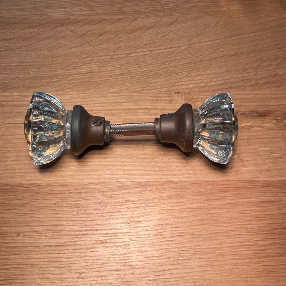 Pair of Vintage 2" Glass Doorknobs Crystal Cut With Connecting Rod